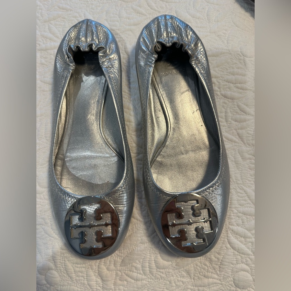 Tory Burch Shimmering Silver Loafers